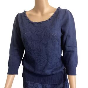 Anthropologie Knitted & Knotted Navy Floral Knit Pullover Sweater 3/4 Sleeve M